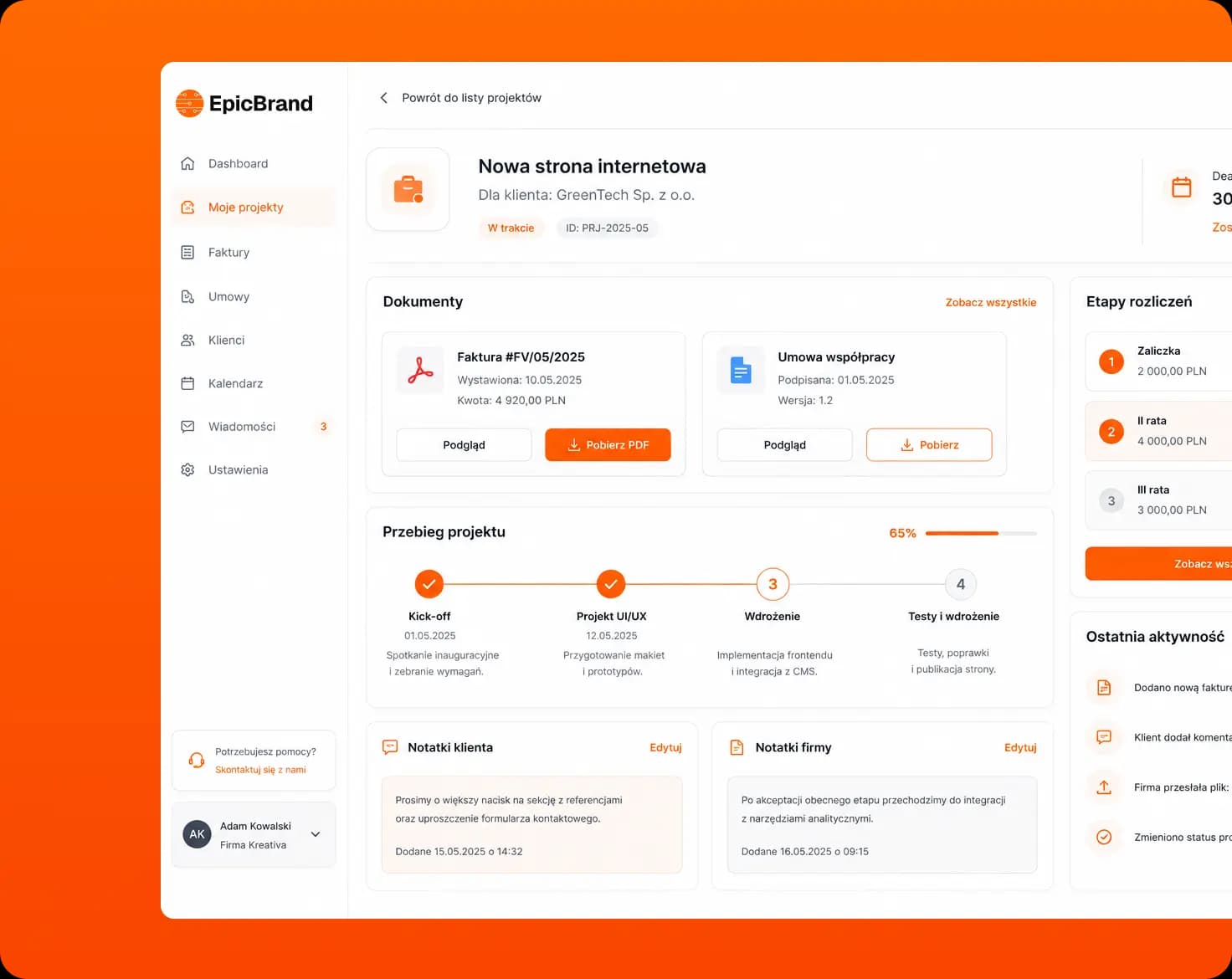 Panel klienta EpicBrand - backlog, statusy i raporty projektu